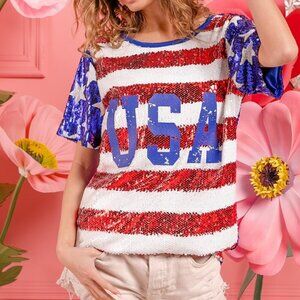 BiBi American Flag Theme USA Lettering Sequin Top
